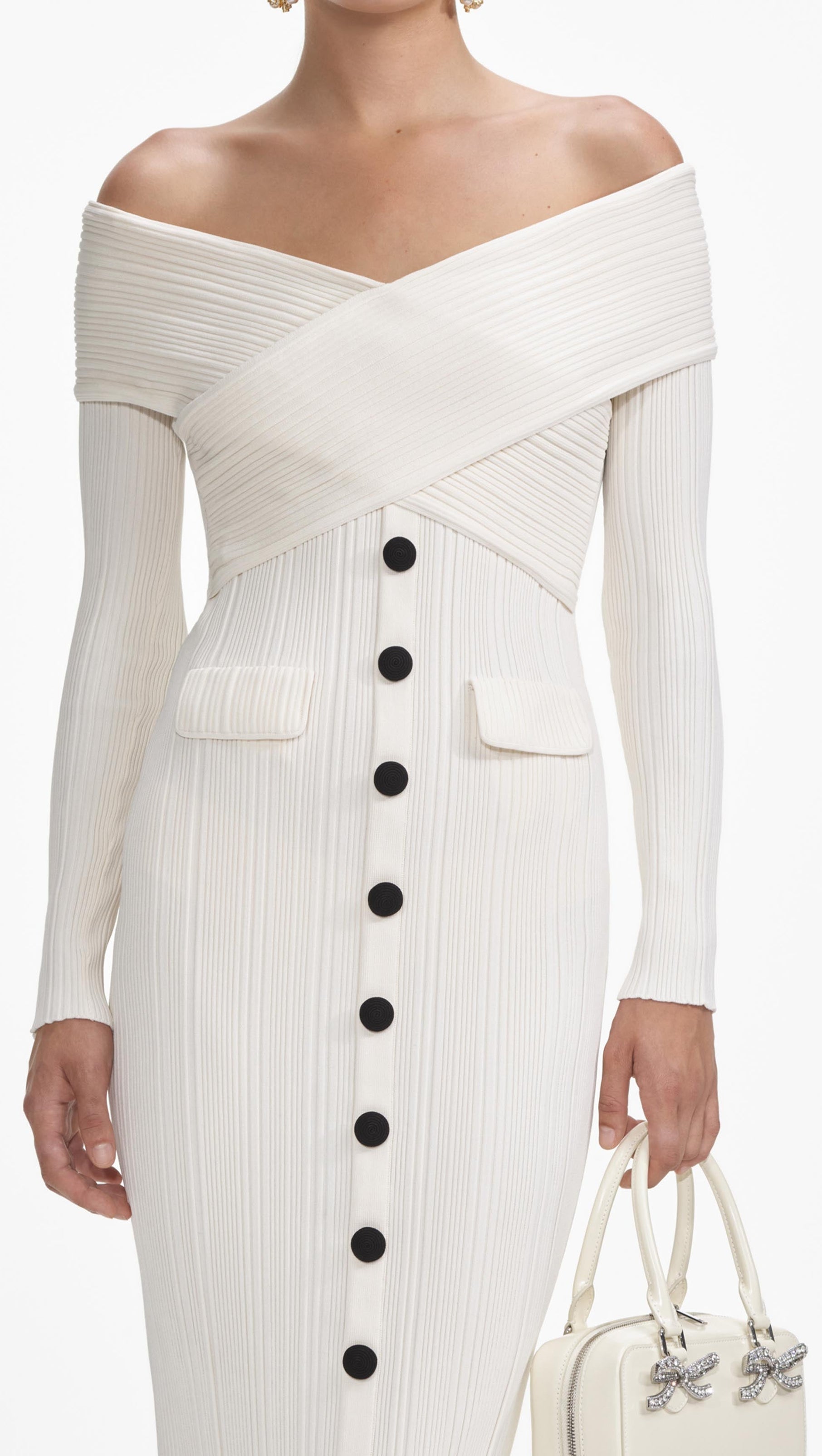 AIIZIE PENNY OFF SHOULDER KNIT MIDI DRESS IN CREAM - product image