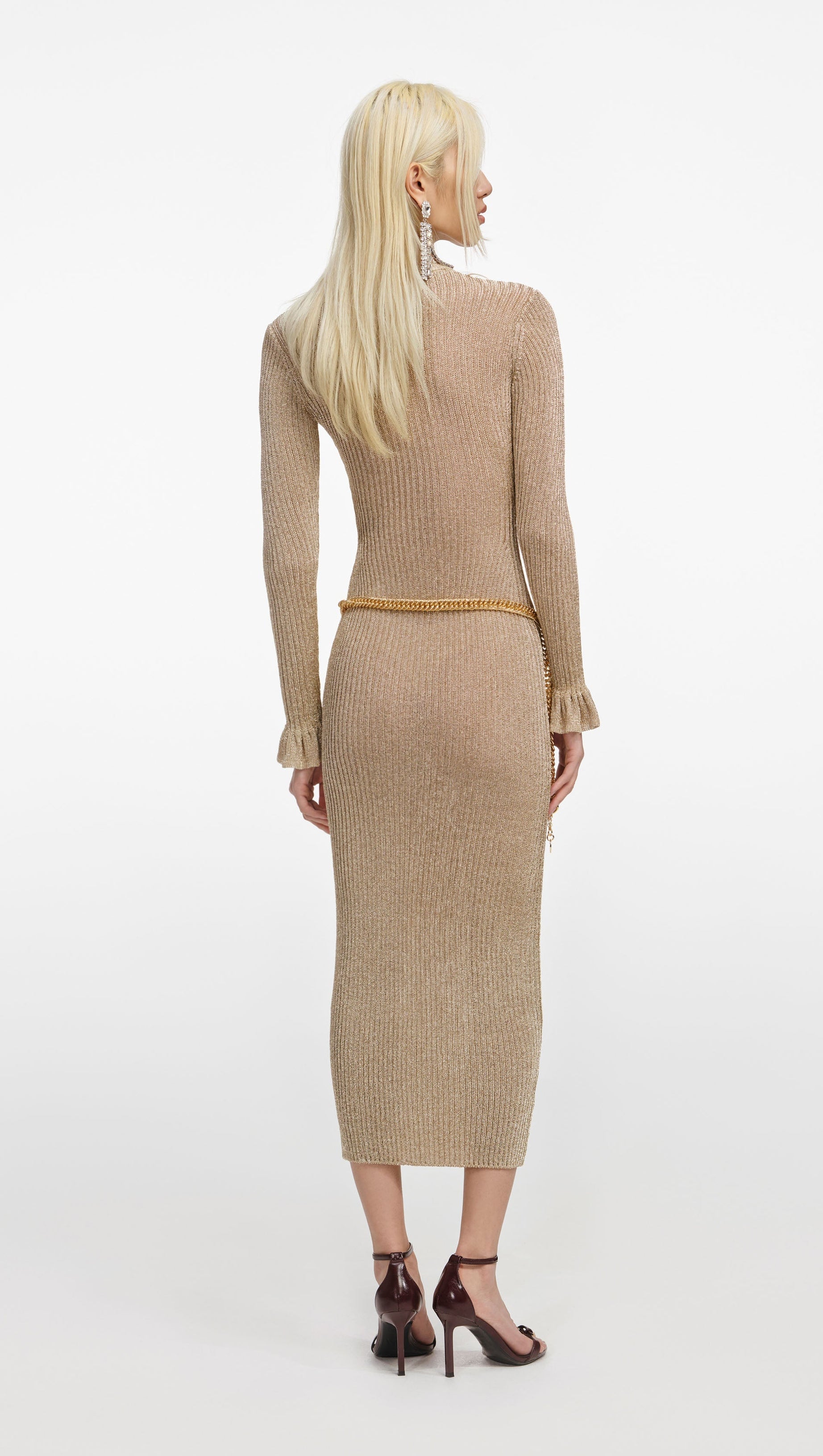 LAUREN GOLD LUREX RIBBED KNIT MIDI DRESS
