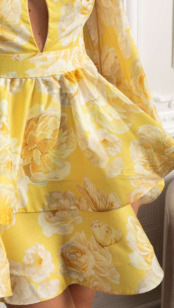 Floral Romantic Mini Dress With Voluminous Sleeves And Peplum Detail - Yellow