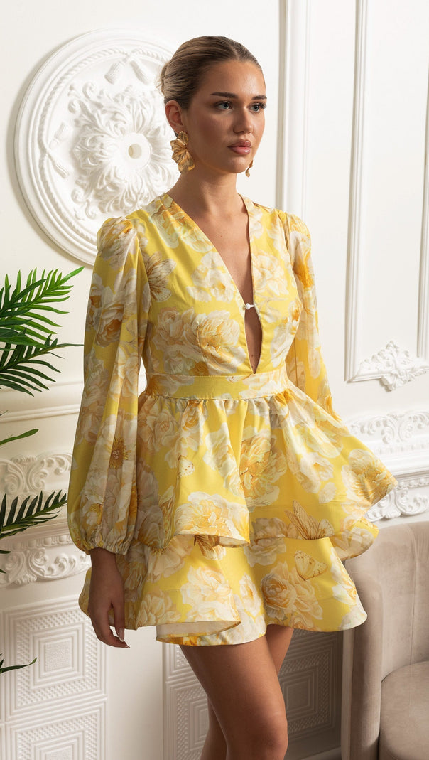 Floral Romantic Mini Dress With Voluminous Sleeves And Peplum Detail - Yellow