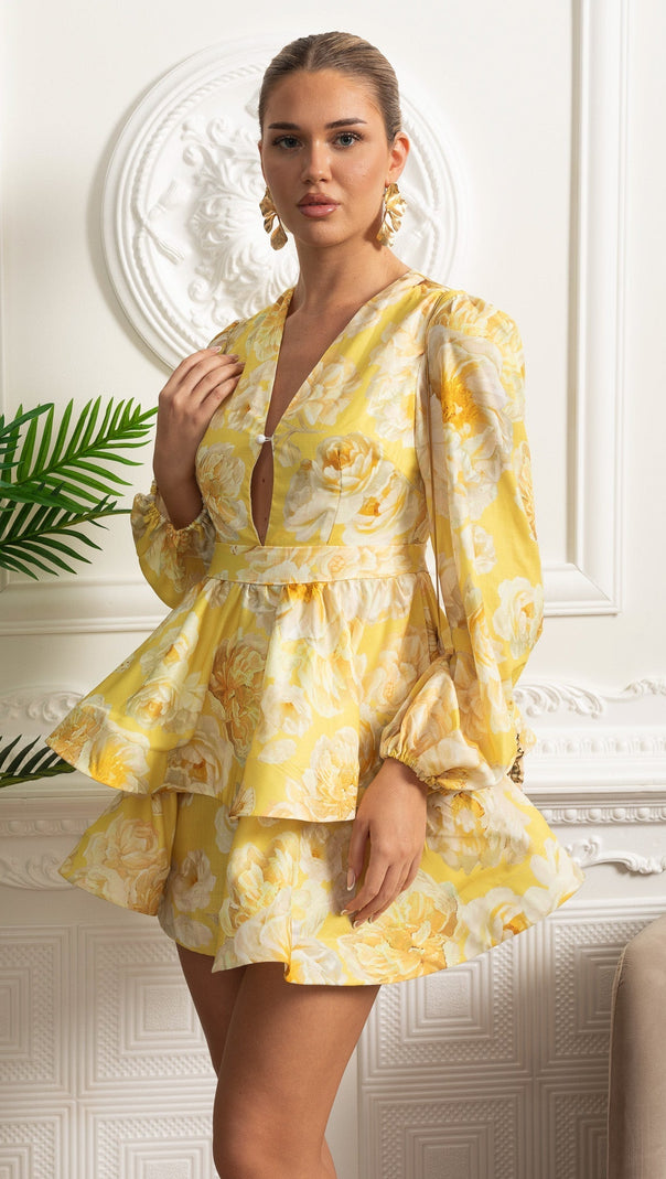Floral Romantic Mini Dress With Voluminous Sleeves And Peplum Detail - Yellow