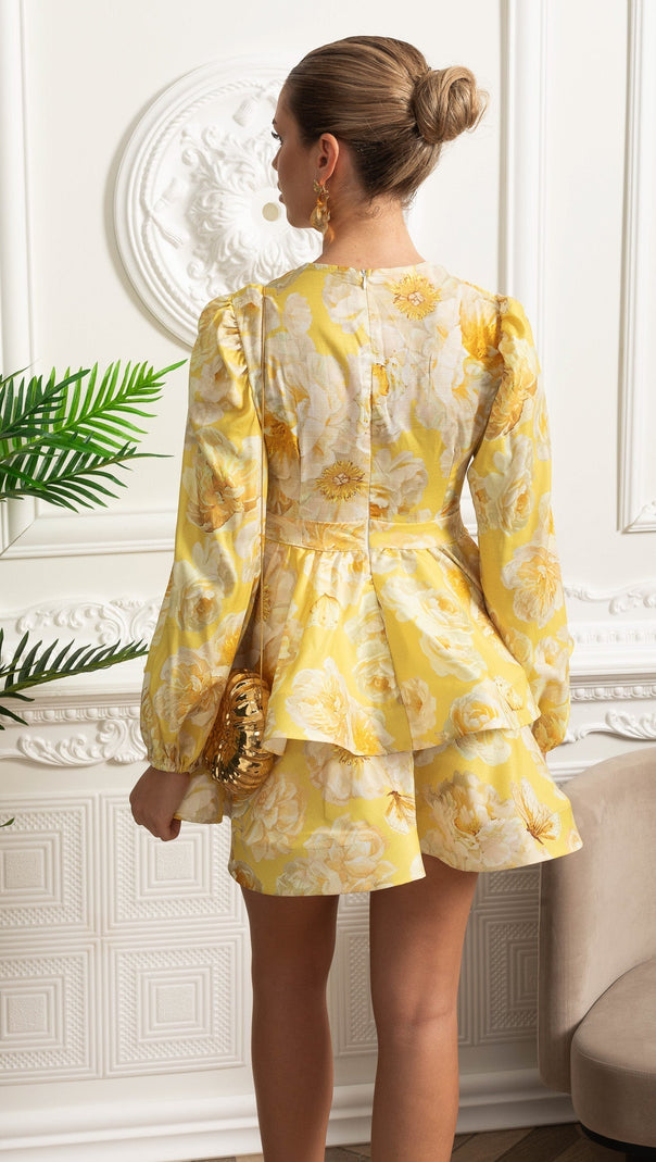 Floral Romantic Mini Dress With Voluminous Sleeves And Peplum Detail - Yellow