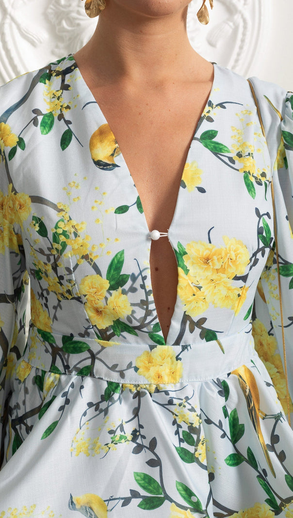 Floral Romantic Mini Dress With Voluminous Sleeves And Peplum Detail - Sky Blue