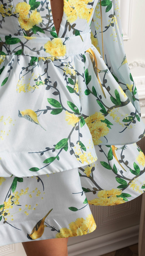Floral Romantic Mini Dress With Voluminous Sleeves And Peplum Detail - Sky Blue