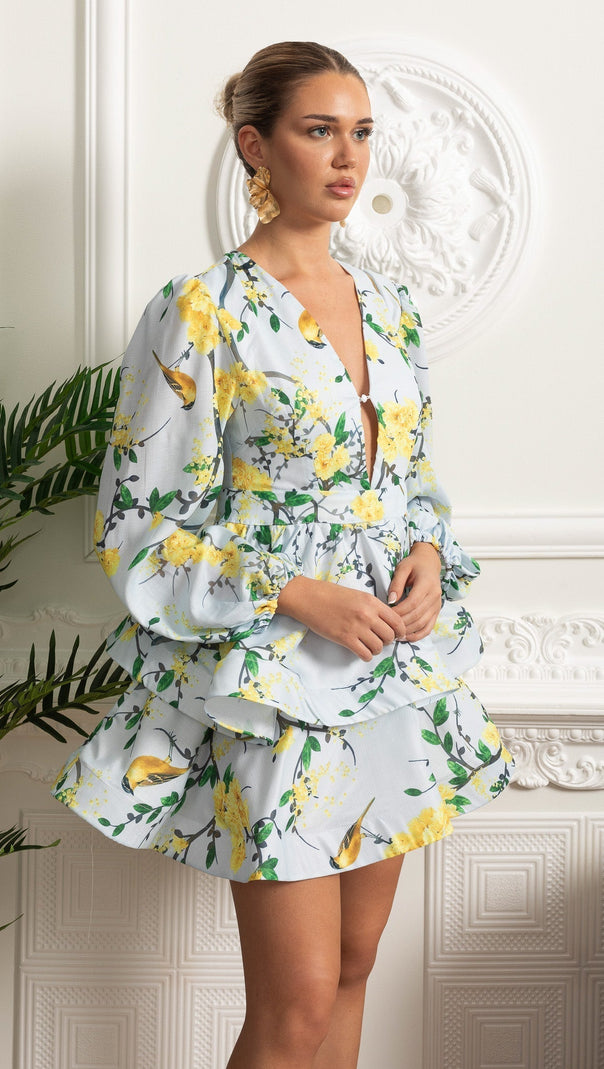 Floral Romantic Mini Dress With Voluminous Sleeves And Peplum Detail - Sky Blue