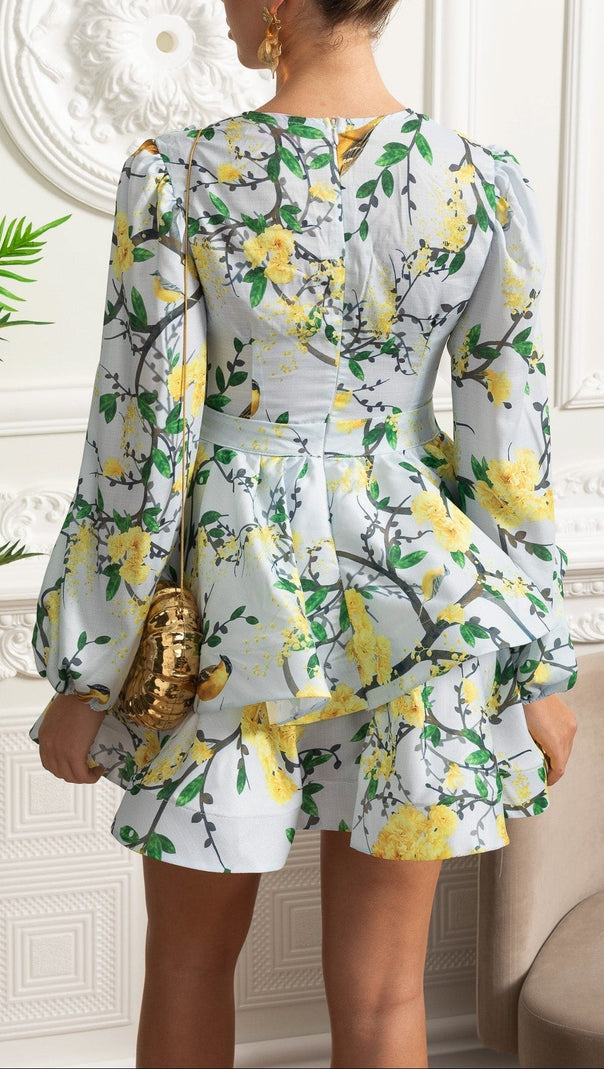 Floral Romantic Mini Dress With Voluminous Sleeves And Peplum Detail - Sky Blue