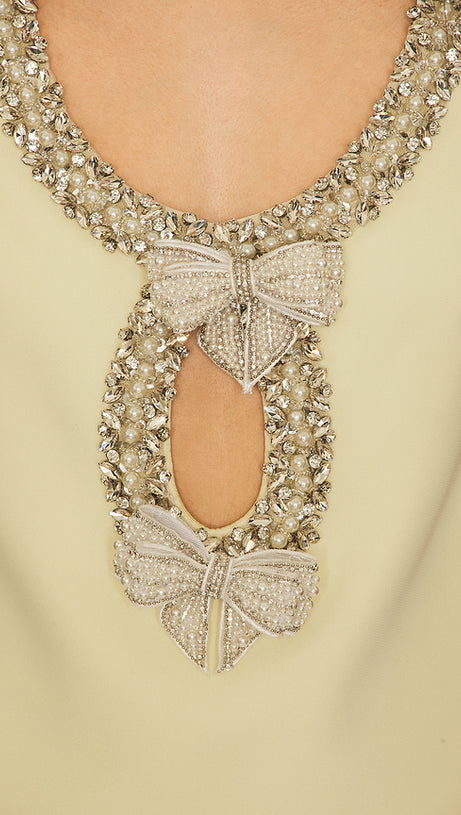 YELLOW CREPE BOW MINI DRESS