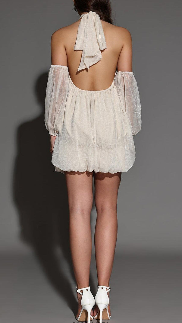AIIZIE vivien Halter Neck Fluffy Mini Backless mini Dress in apricot - product image