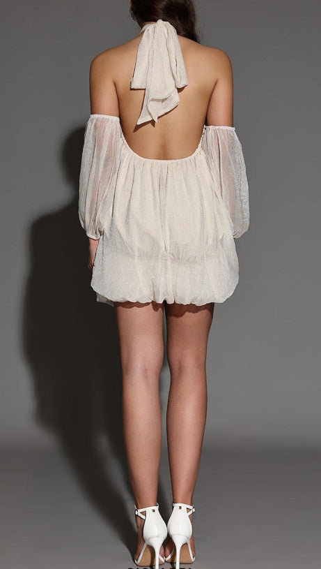 vivien Halter Neck Fluffy Mini Backless mini Dress in apricot