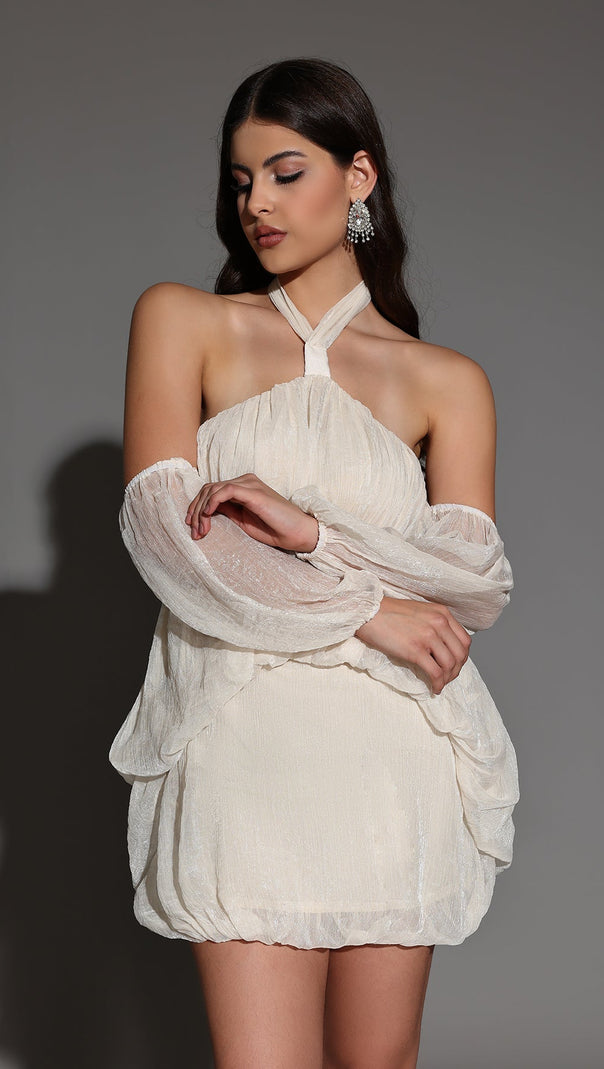 AIIZIE vivien Halter Neck Fluffy Mini Backless mini Dress in apricot - product image