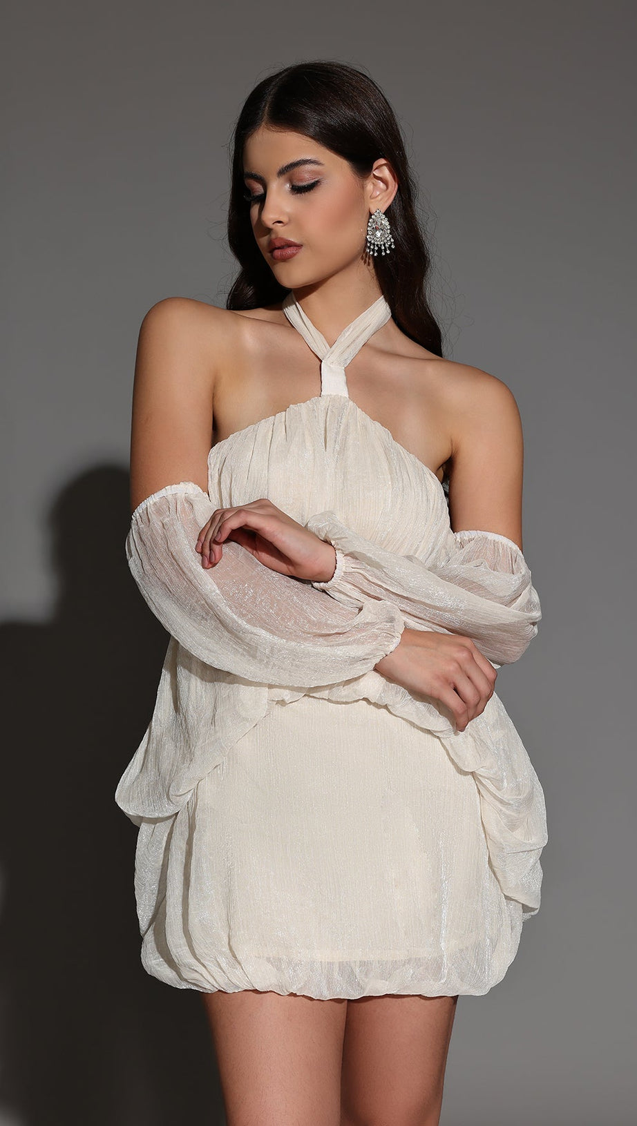 vivien Halter Neck Fluffy Mini Backless mini Dress in apricot