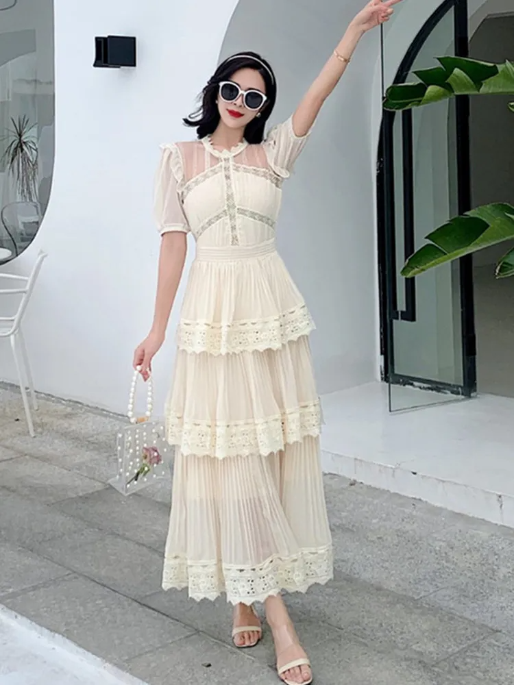 AIIZIE PLEATED LACE MIDI DRESS IN APRICOT - product image