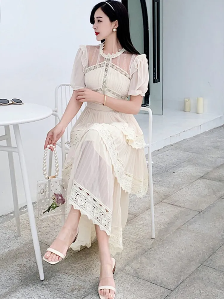 AIIZIE PLEATED LACE MIDI DRESS IN APRICOT - product image