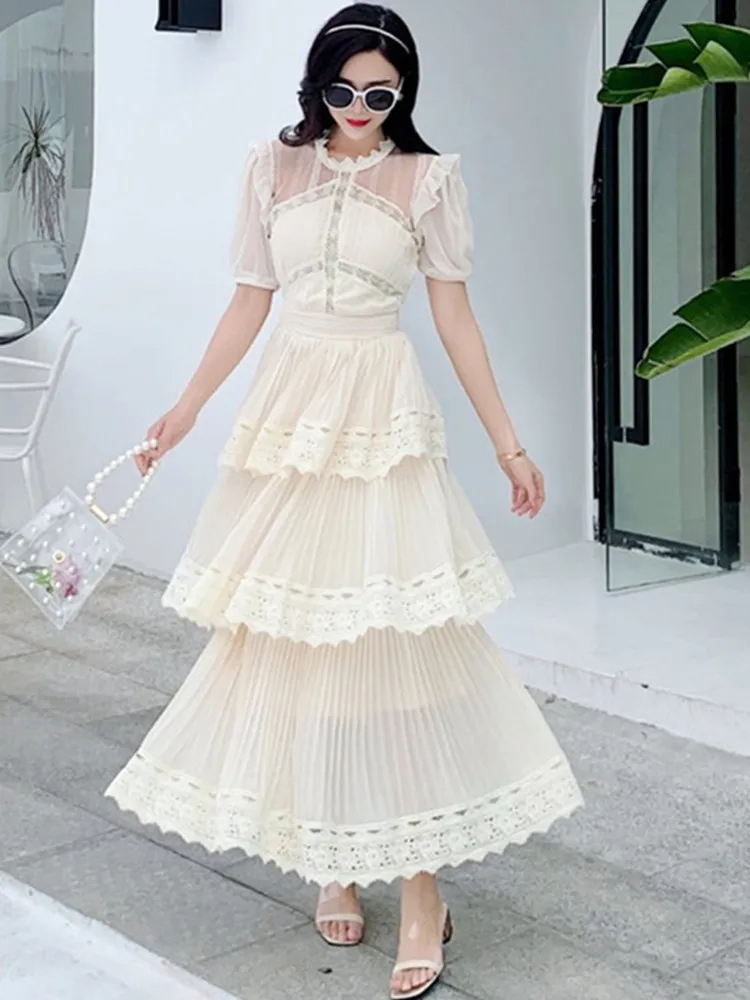 AIIZIE PLEATED LACE MIDI DRESS IN APRICOT - product image