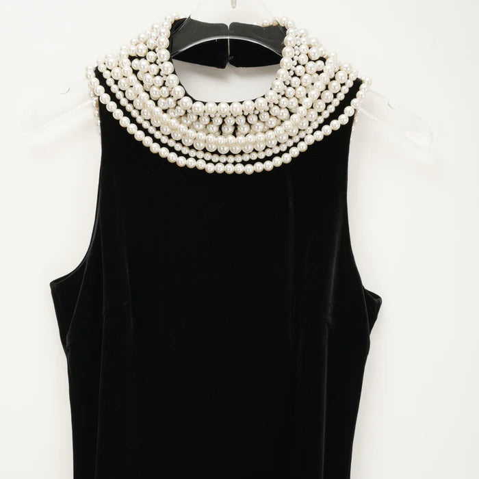 VELVET FAUX PEARL SLEEVELESS MIDI DRESS