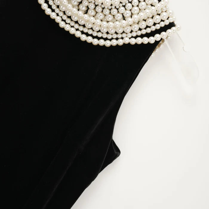 VELVET FAUX PEARL SLEEVELESS MIDI DRESS
