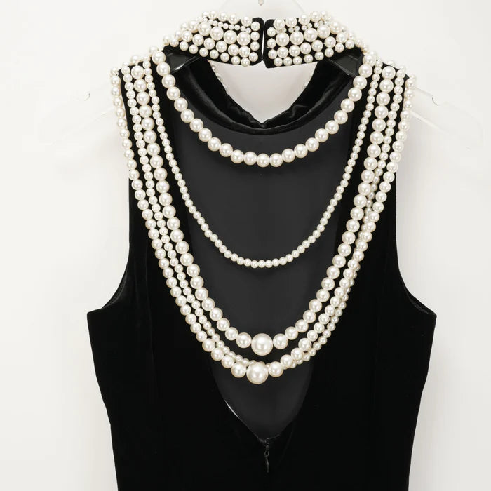 VELVET FAUX PEARL SLEEVELESS MIDI DRESS