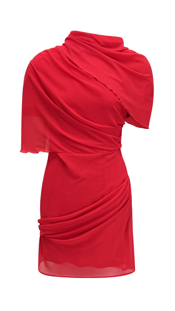 CLARABELLE RUCHED DRAPED MINI DRESS IN RED