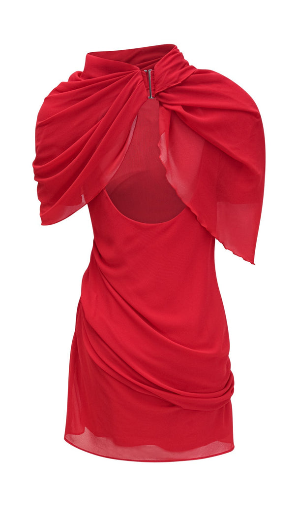 CLARABELLE RUCHED DRAPED MINI DRESS IN RED