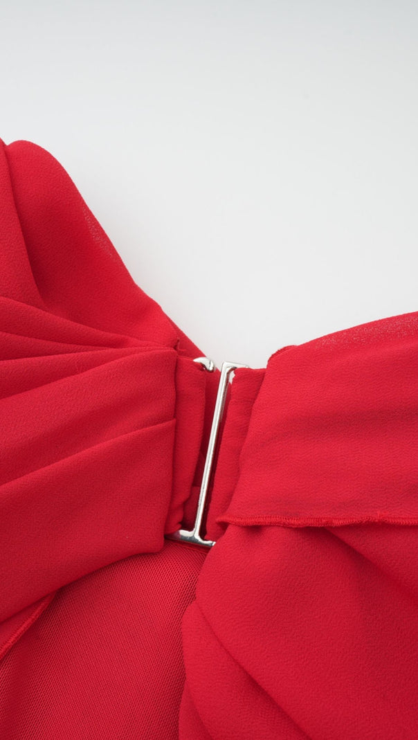 CLARABELLE RUCHED DRAPED MINI DRESS IN RED