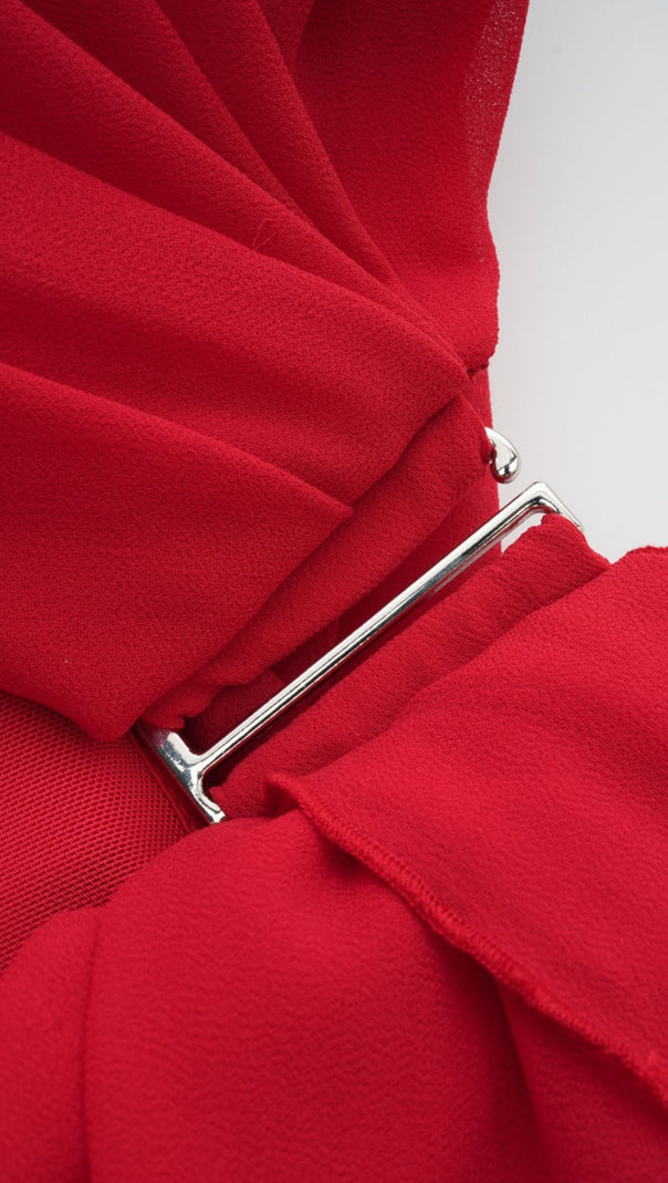 CLARABELLE RUCHED DRAPED MINI DRESS IN RED