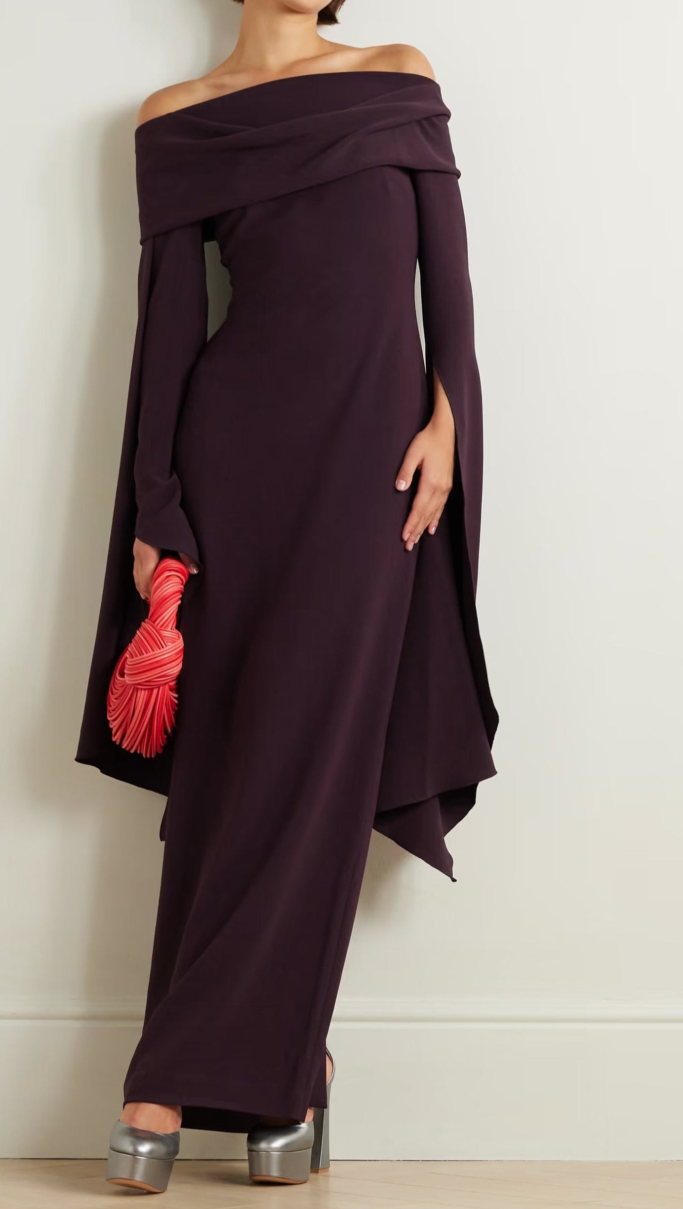 DRAPED OFF-THE-SHOULDER CREPE MAXI DRESS IN BURGUNDY