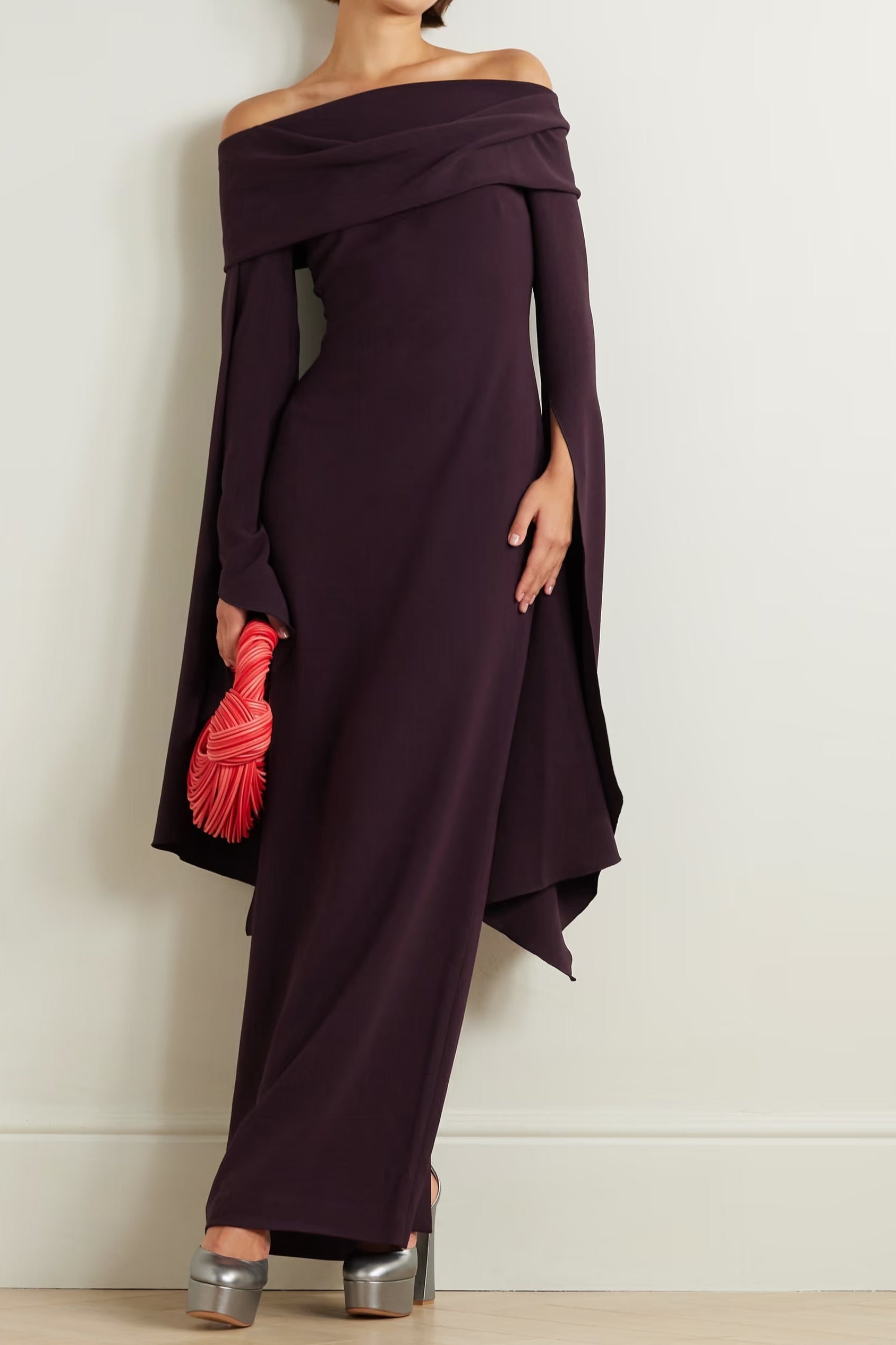 DRAPED OFF-THE-SHOULDER CREPE MAXI DRESS IN BURGUNDY