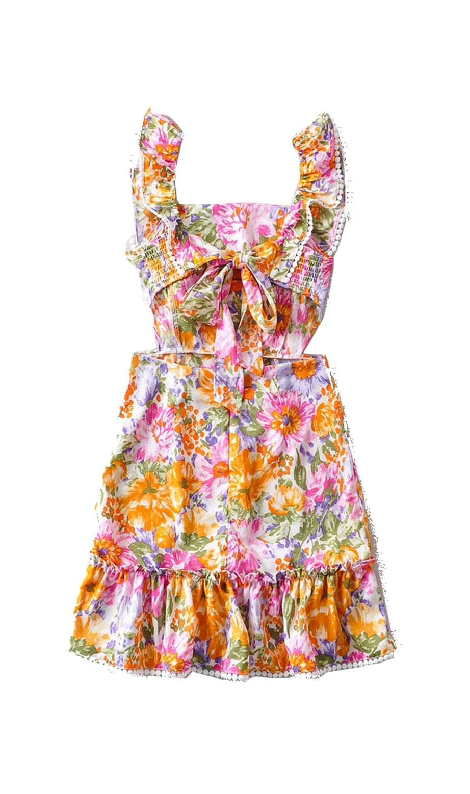 SQUARE NECK FLORAL RUFFLED MINI DRESS
