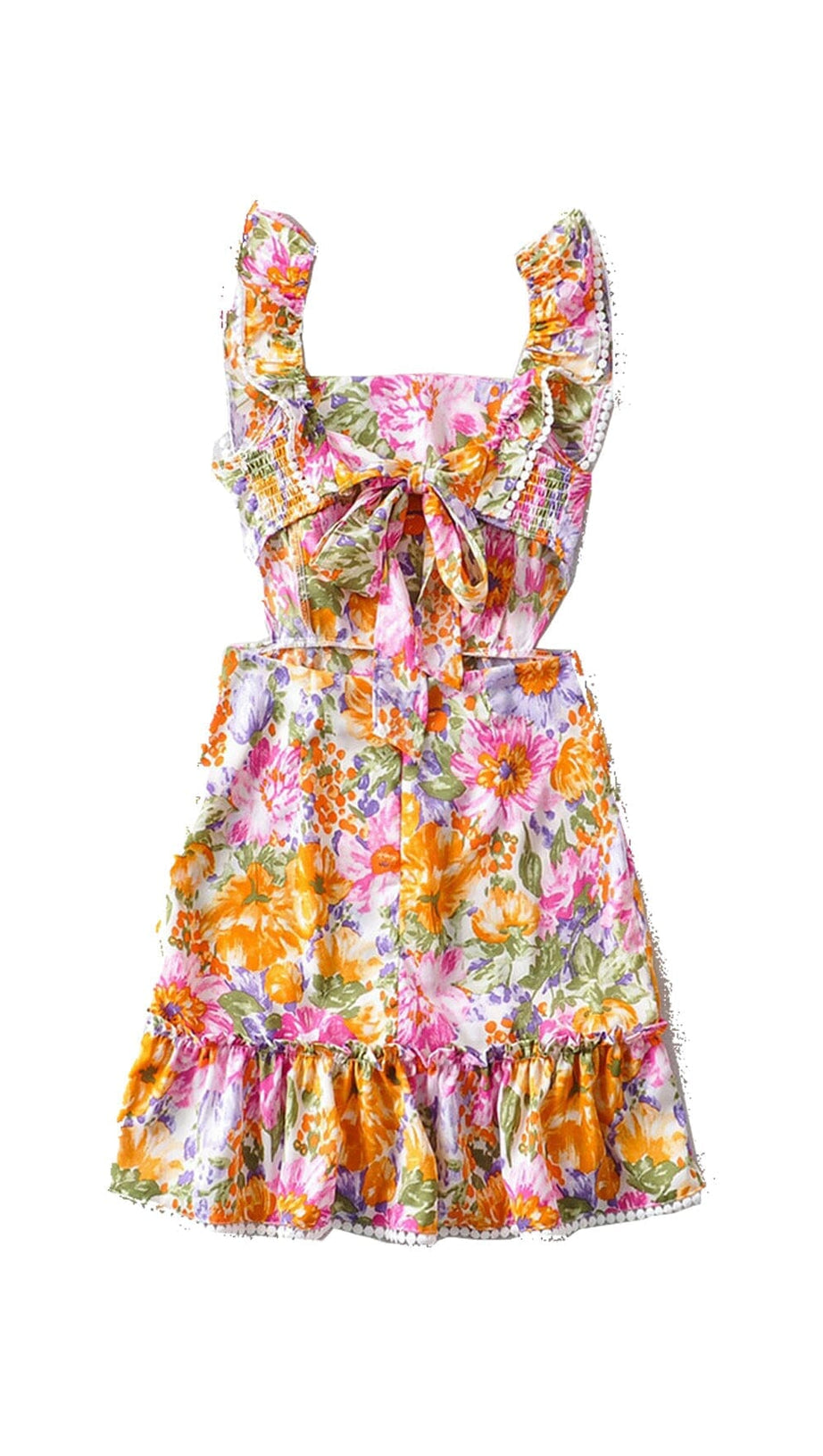 SQUARE NECK FLORAL RUFFLED MINI DRESS
