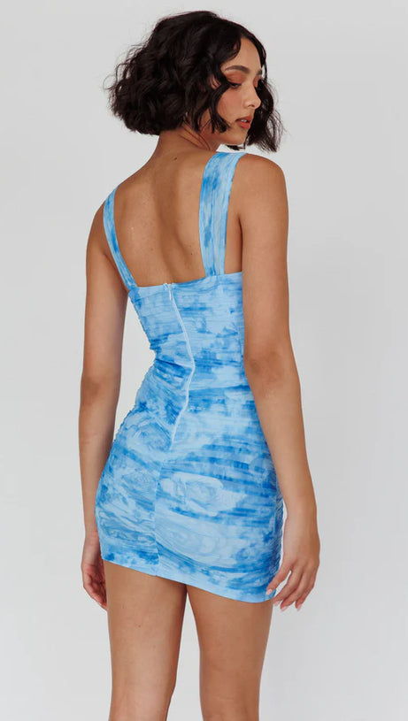 MINI ABITO FLOREALE CON RUCHES IN BLU
