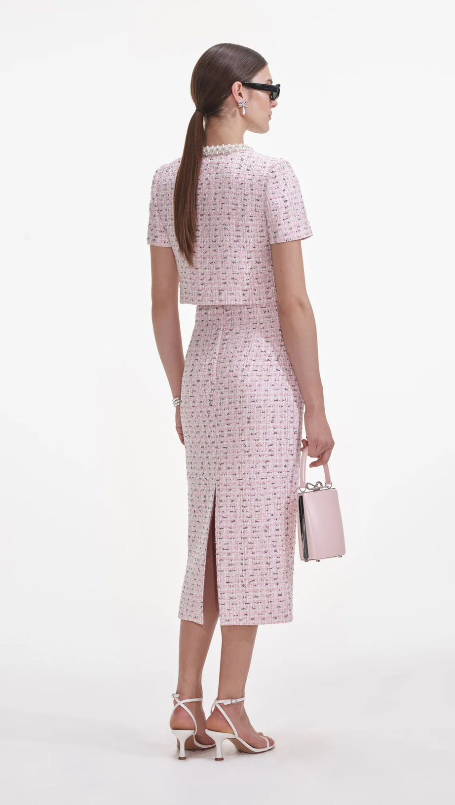 PINK BOUCLE PEARL MIDI SKIRT