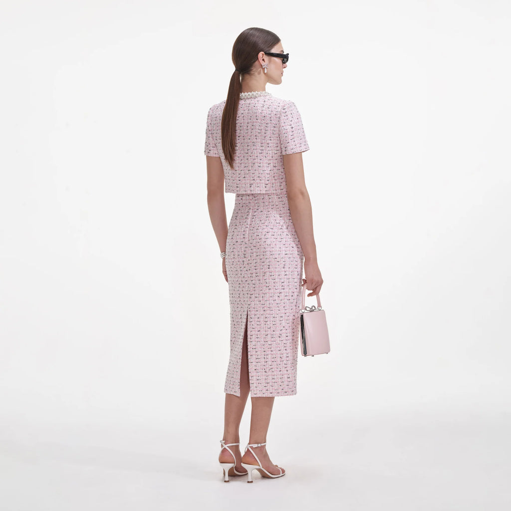 PINK BOUCLE PEARL MIDI SKIRT