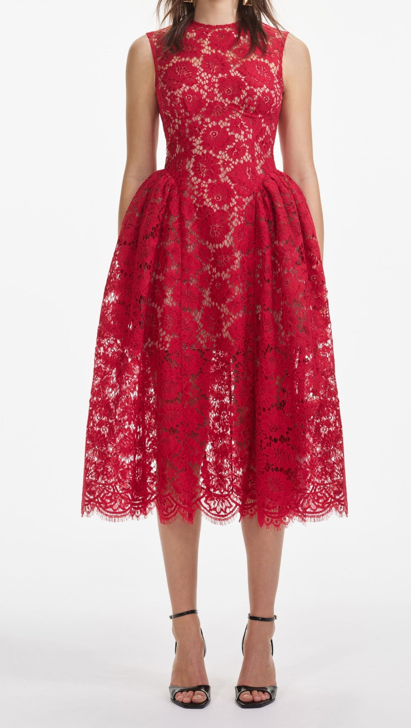 BRENDA LACE HOLLOW MIDI DRESS IN RED