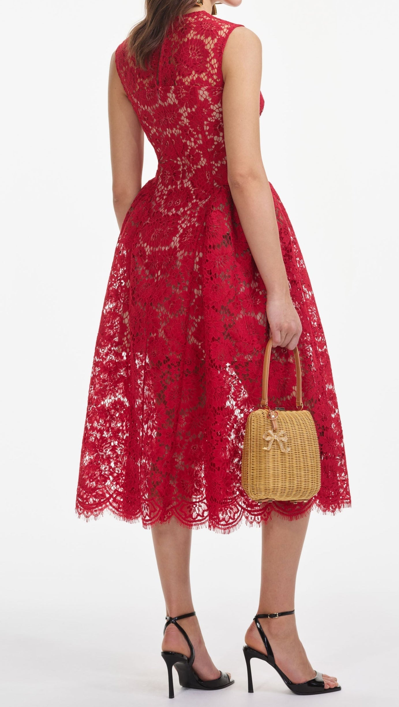 BRENDA LACE HOLLOW MIDI DRESS IN RED