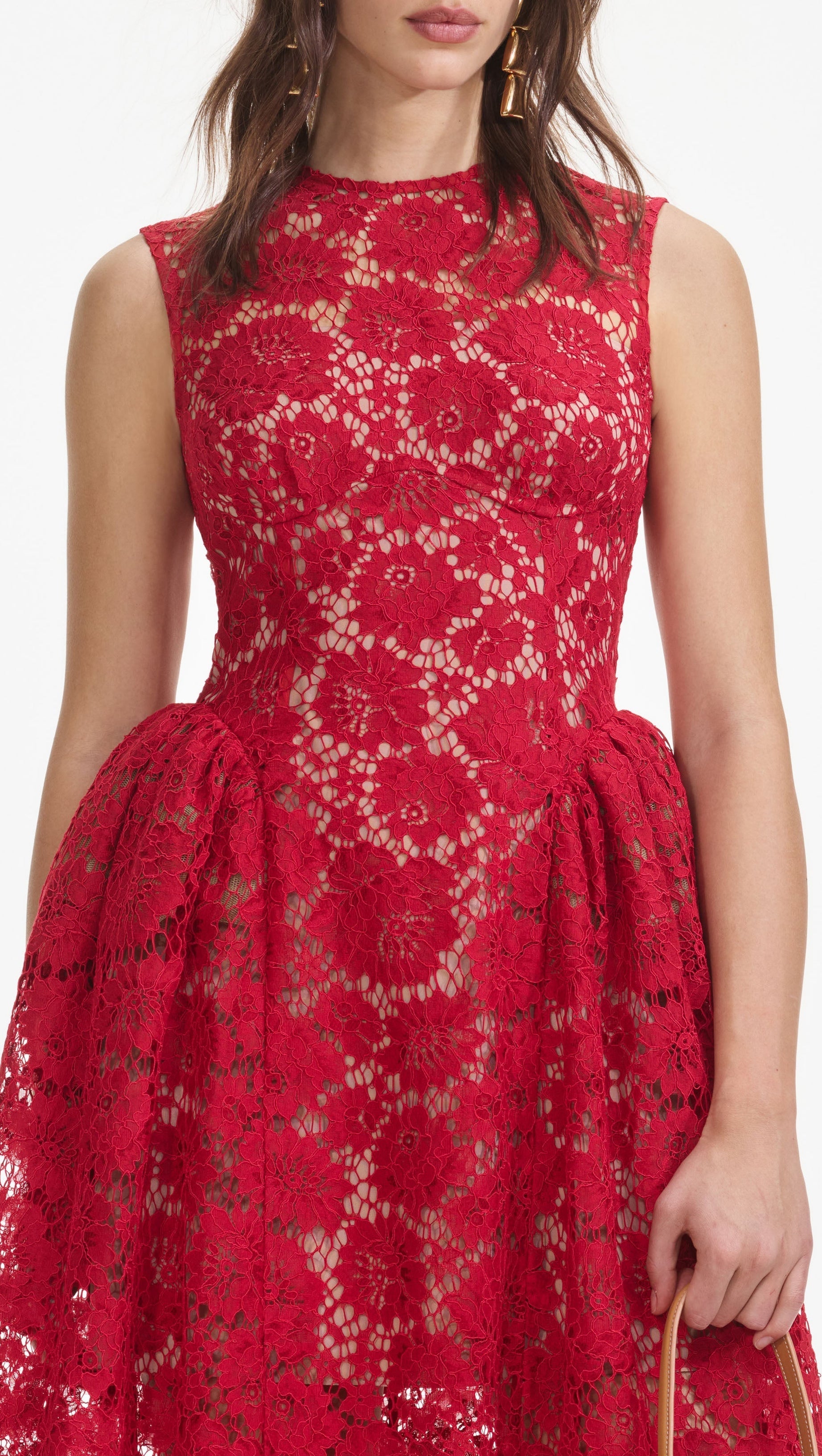 BRENDA LACE HOLLOW MIDI DRESS IN RED
