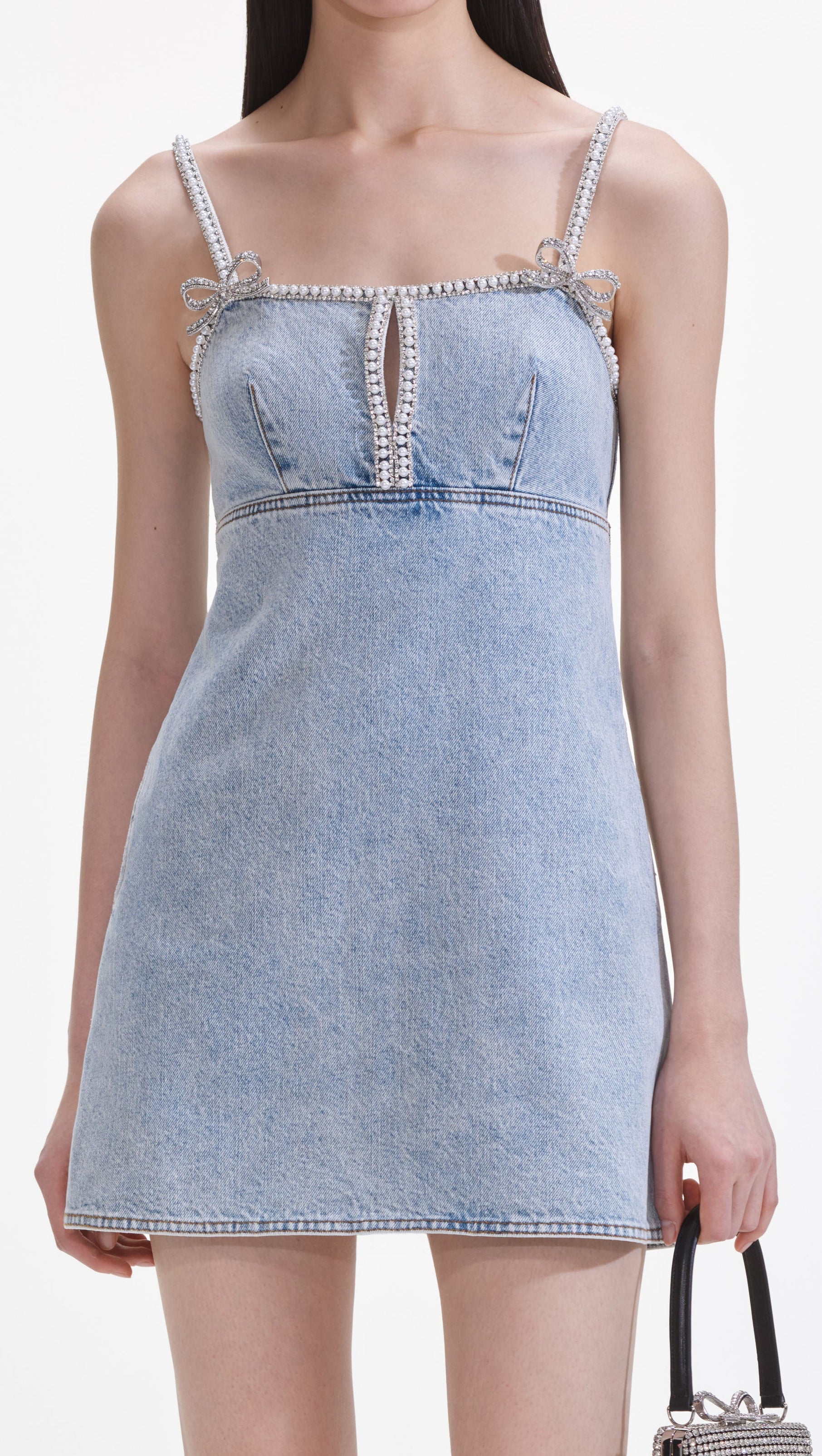 AIIZIE LIGHT BLUE DENIM PEARL MINI DRESS - product image