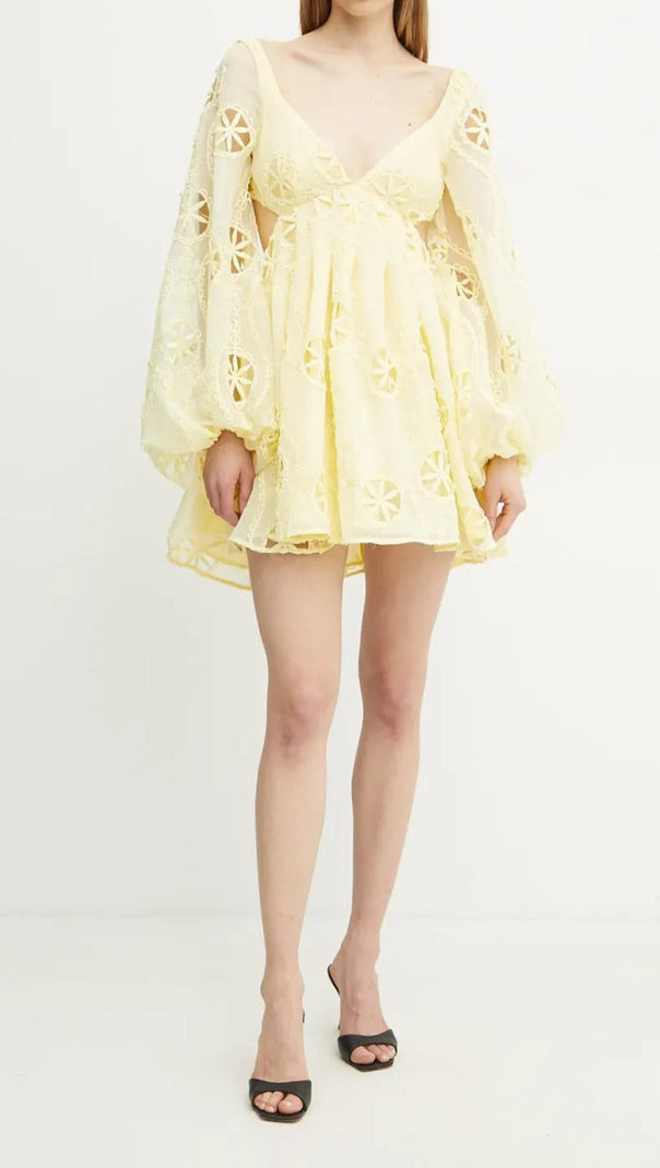 AIIZIE TIFFANY V-NECK PUFF SLEEVE HOLLOW MINI DRESS IN YELLOW - product image