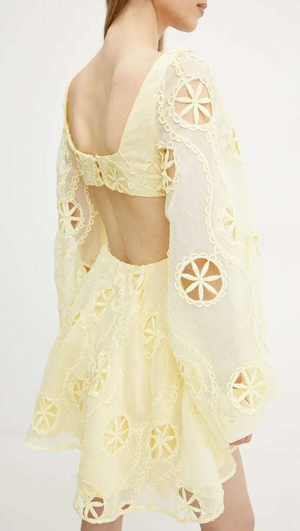 AIIZIE TIFFANY V-NECK PUFF SLEEVE HOLLOW MINI DRESS IN YELLOW - product image