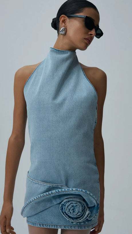 CHRISTELL FLORAL APPLIQUÉ HALTER DENIM MINI DRESS