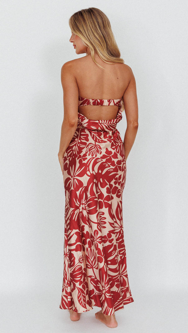 AIIZIE KONA COWL BACK MIDI DRESS FLORAL FLAME - product image