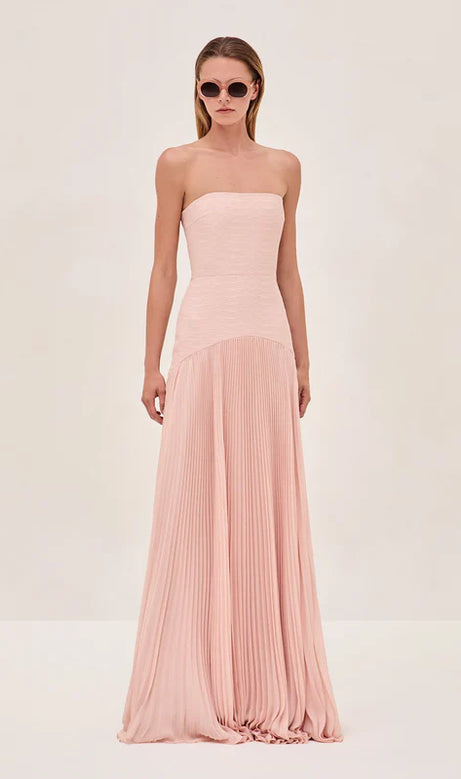 Thea Strapless Mesh Backless maxi Dress in pink