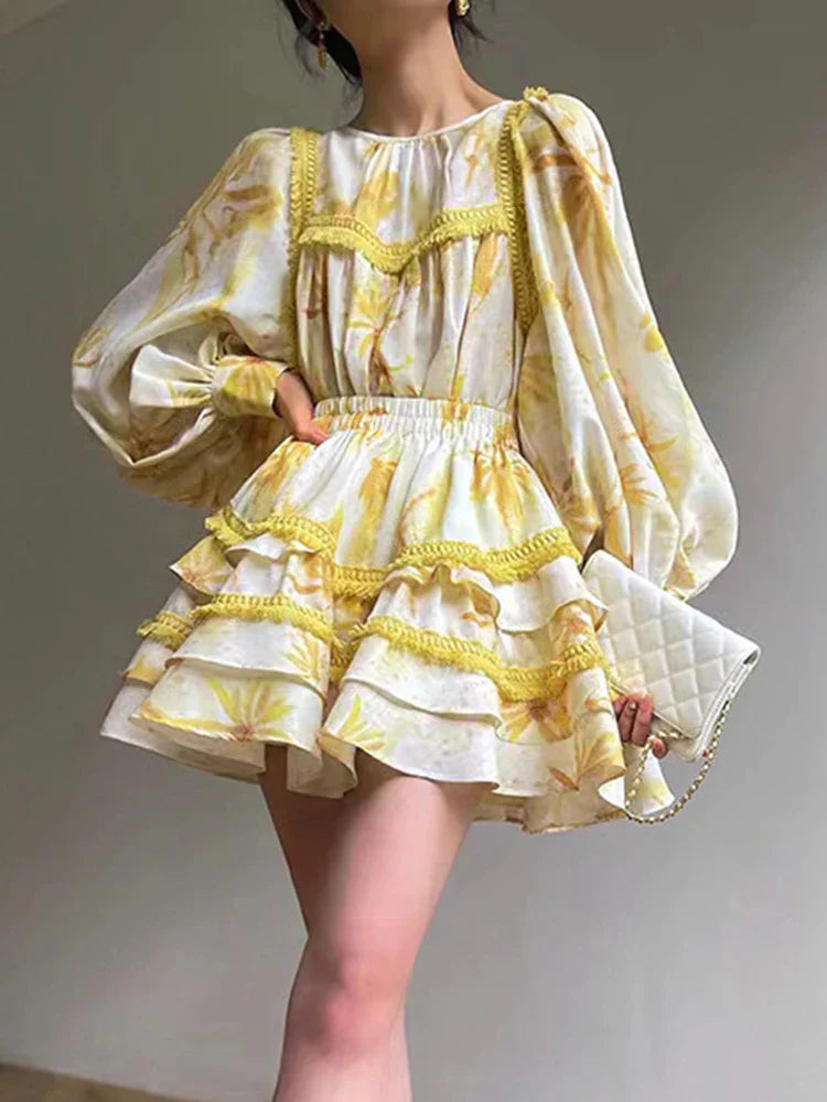 AIIZIE MABEL LAYER TRIM PRINT LANTERN SLEEVE MINI DRESS IN YELLOW - product image