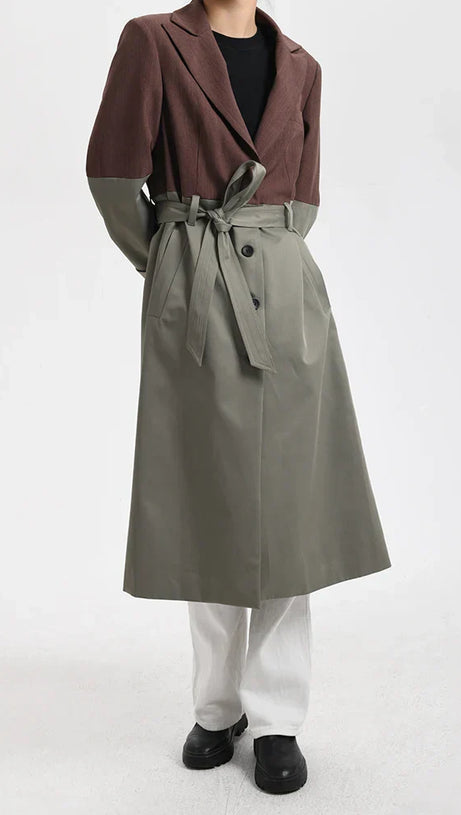 BELTED BLAZER TRENCH COAT IN BROWN GRAY
