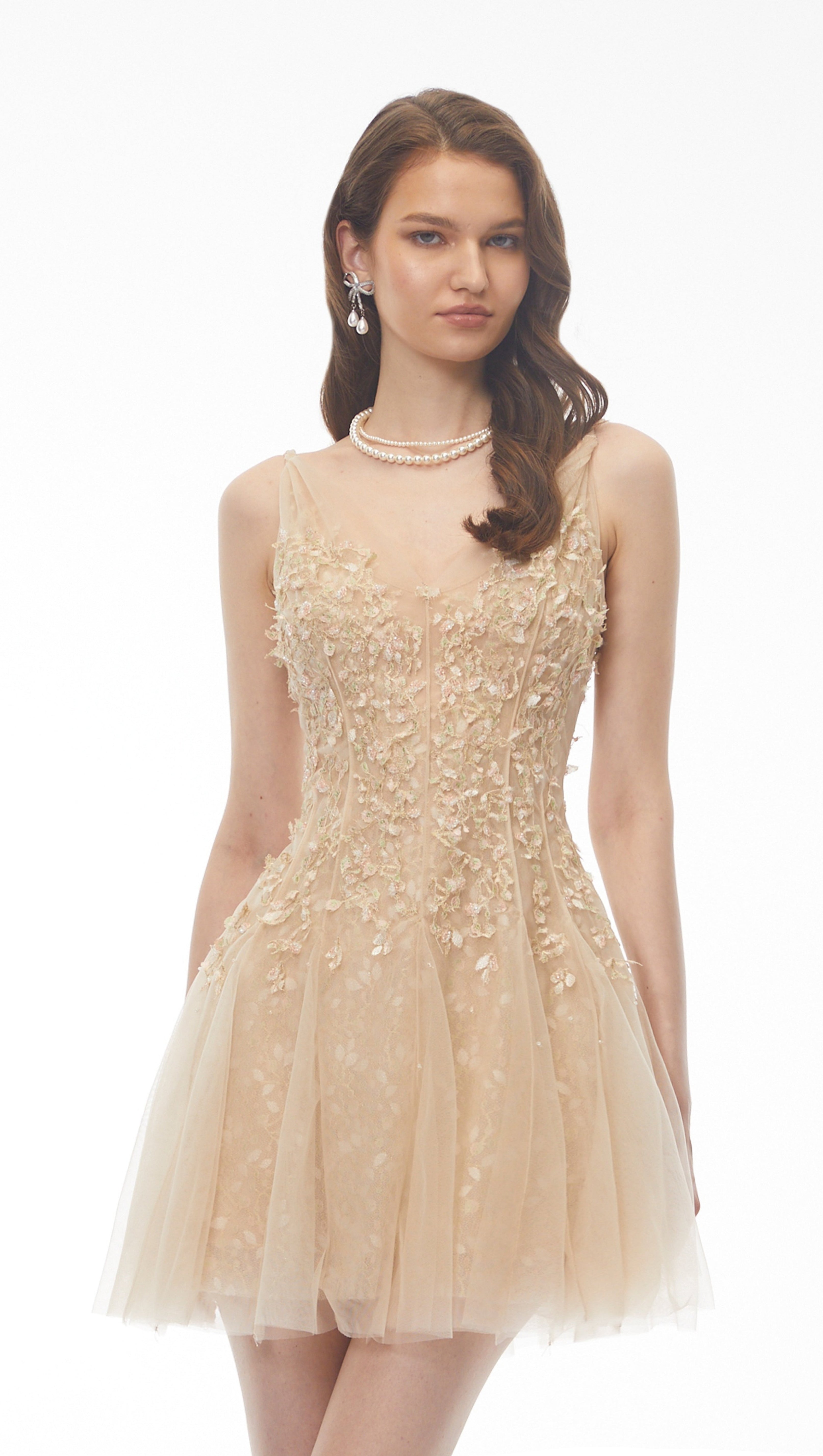 Saga Neutral Pleated Mini Dress with 3D Petals