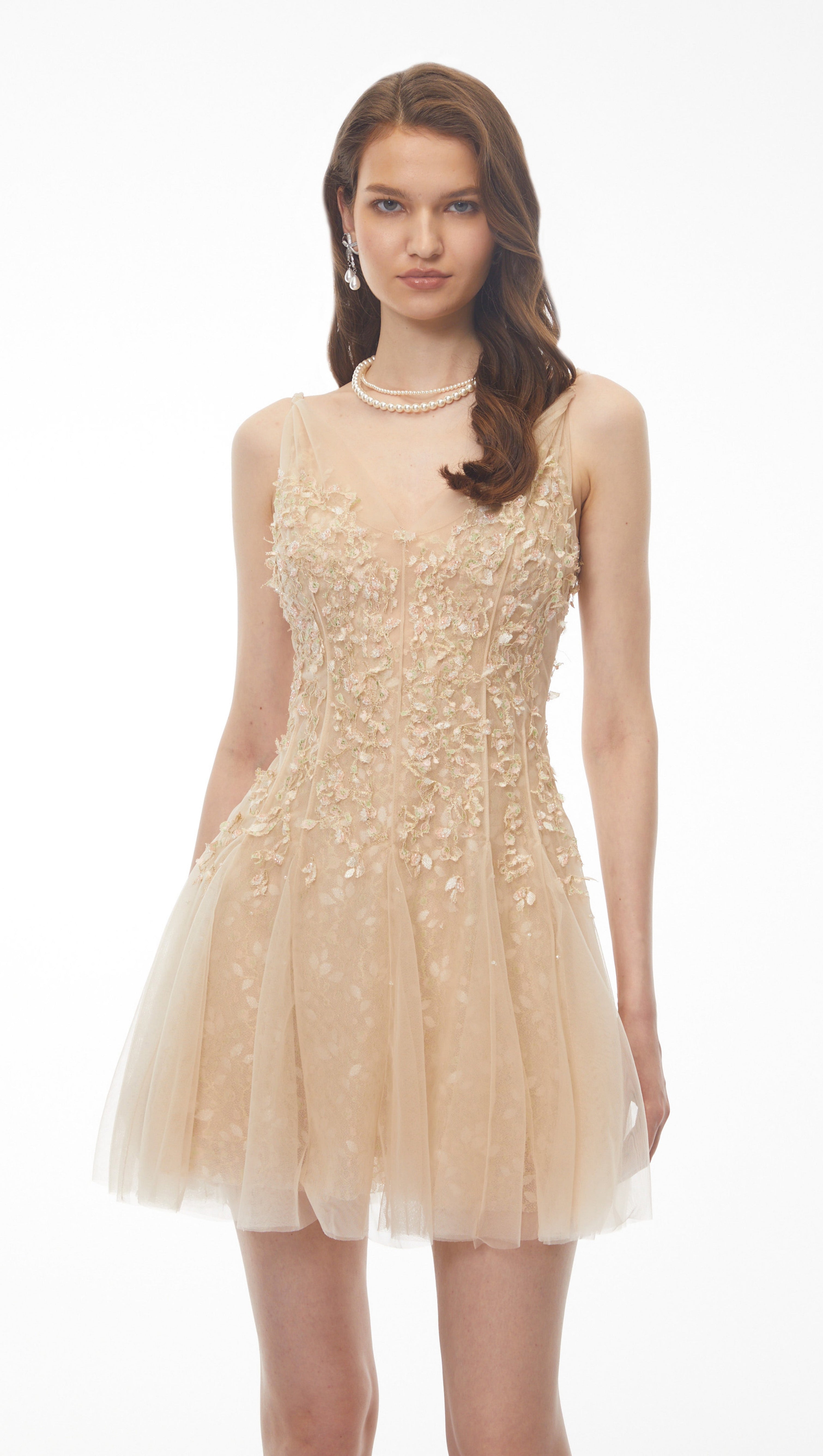 Saga Neutral Pleated Mini Dress with 3D Petals