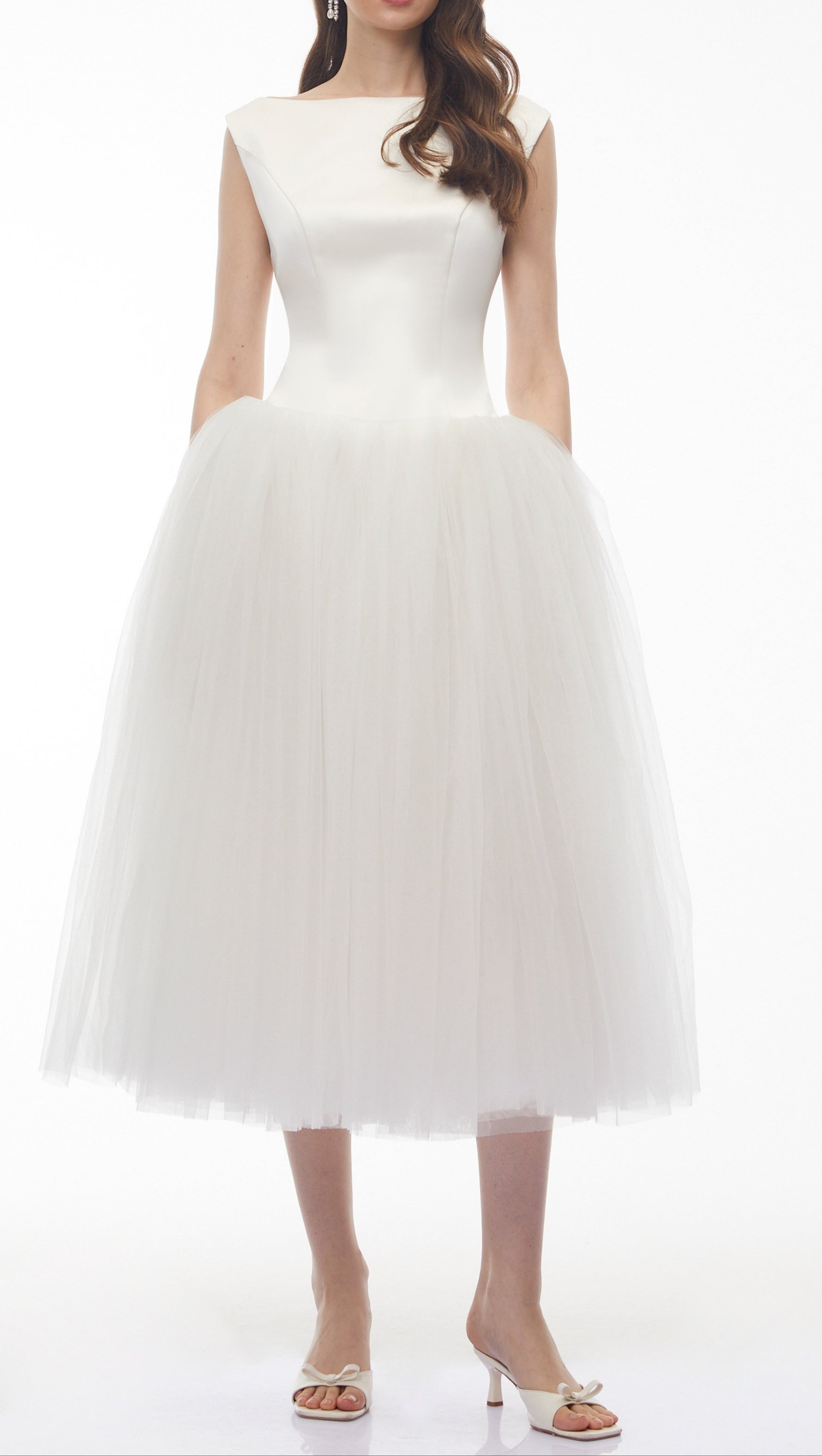 Salma White Pleated Flared Midi Dress