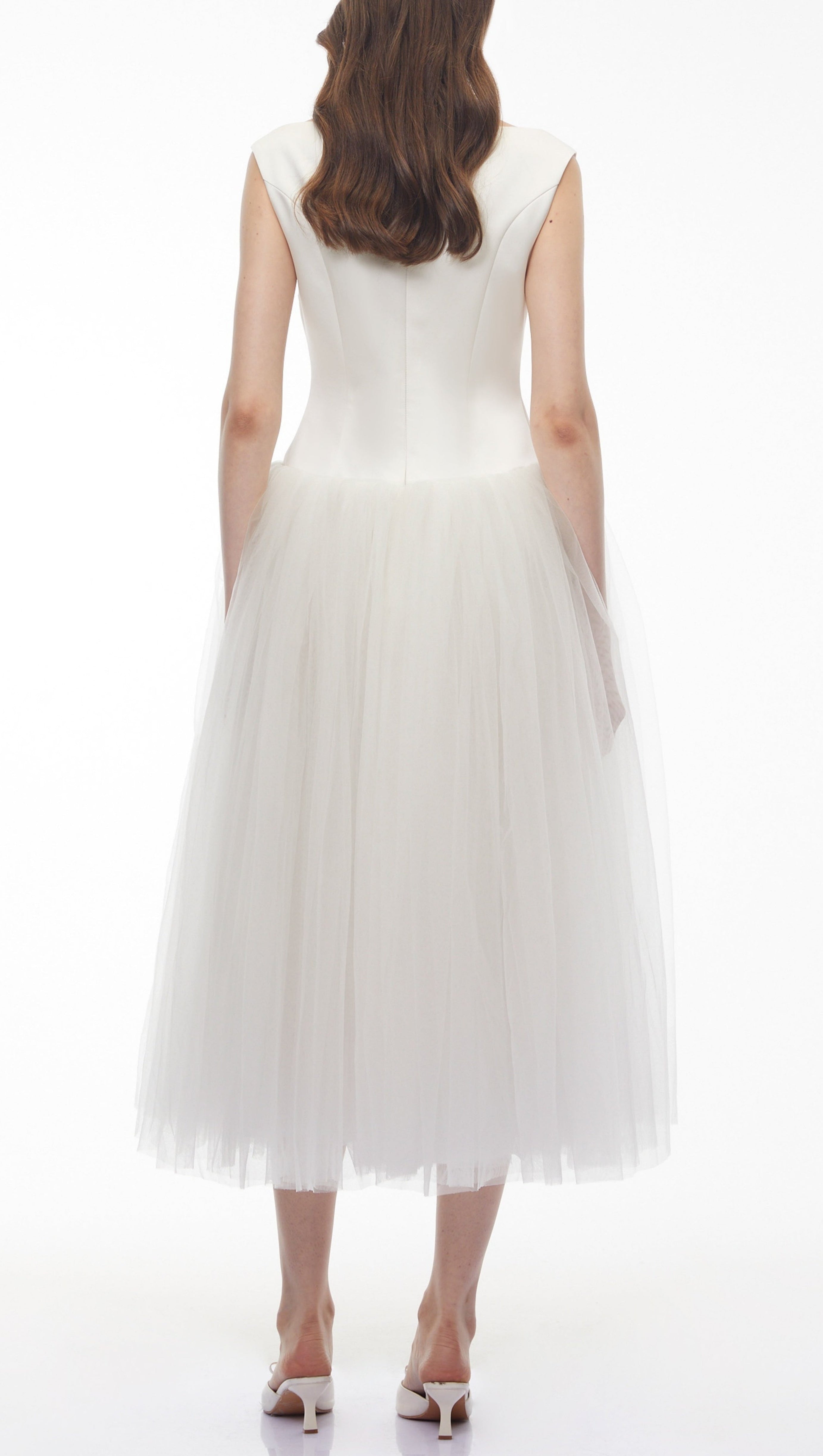 Salma White Pleated Flared Midi Dress