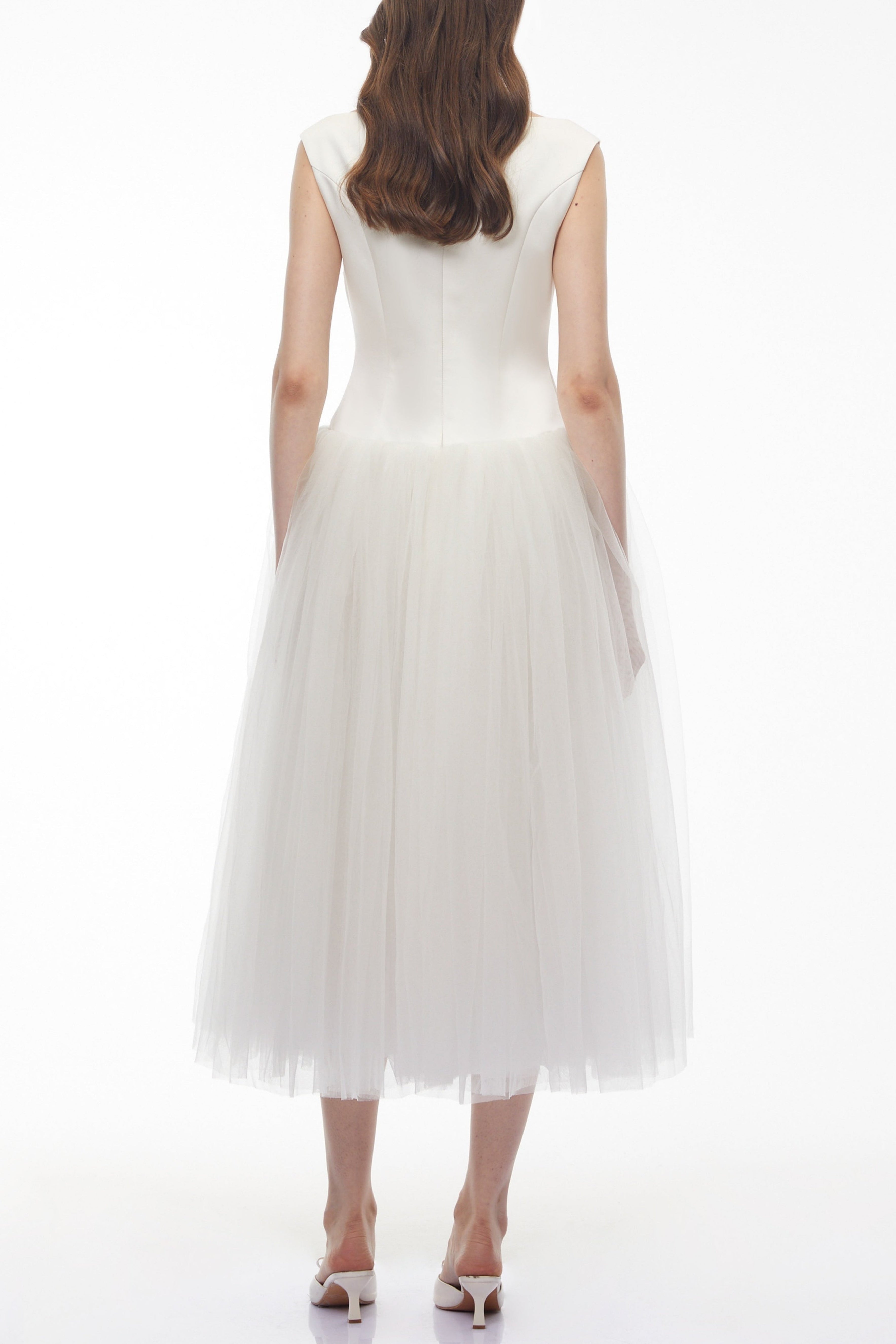 Salma White Pleated Flared Midi Dress