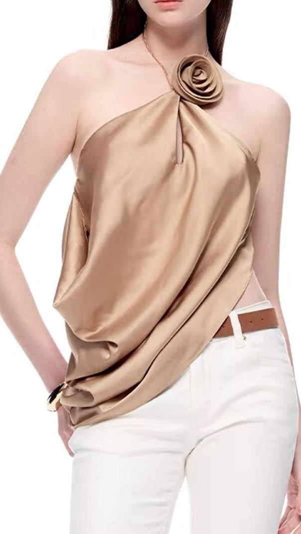 AIIZIE SATIN COWL NECK HALTER TOP IN GOLD - product image
