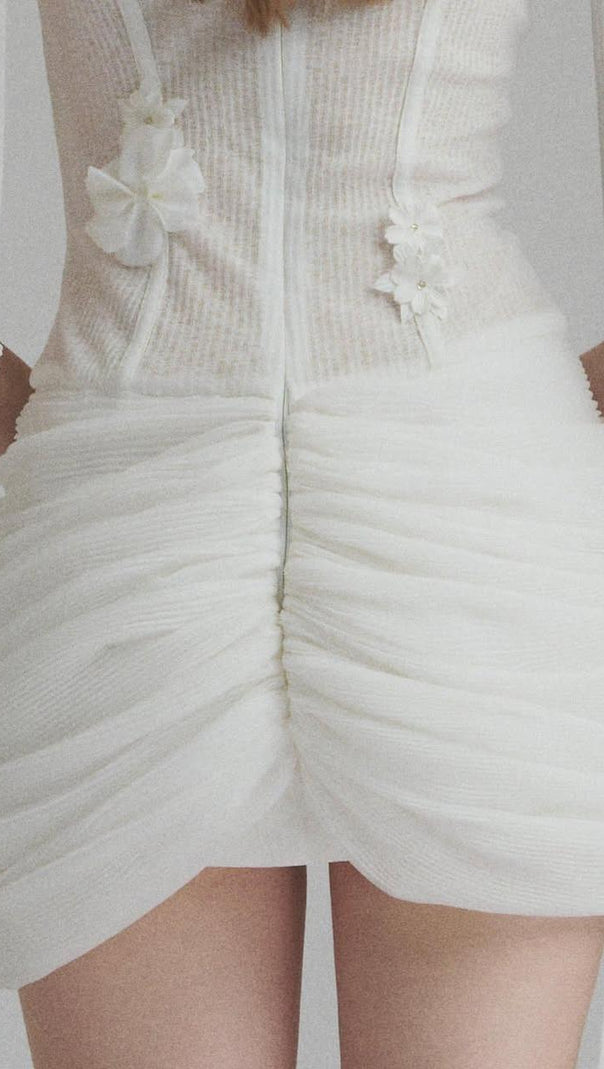 AIIZIE FLOWER EMBELLISHED PUFF HEM SLIM MINI DRESS IN WHITE - product image